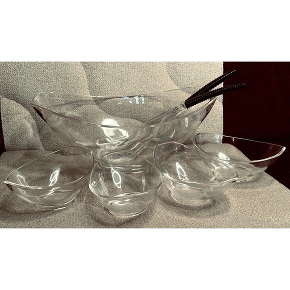 Vintage Clear Plastic Salad Fruit Set 1 Bowl 4 Sm Bowls & 2 Serving Utensils - Picture 1 of 7